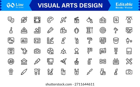 Professionelle Visual Arts Design Line Icon Pack mit modernen minimalistischen Vektorsymbolen für kreative Industrie und künstlerische digitale Projekte mit einzigartigen klaren Umrissen