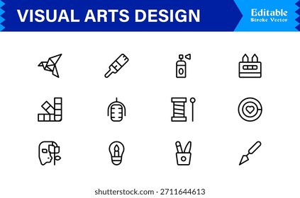 Professionelle Visual Arts Design Line Icon Pack mit modernen minimalistischen Vektorsymbolen für kreative Industrie und künstlerische digitale Projekte mit einzigartigen klaren Umrissen