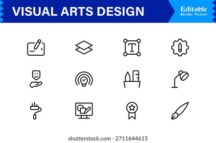 Professionelle Visual Arts Design Line Icon Pack mit modernen minimalistischen Vektorsymbolen für kreative Industrie und künstlerische digitale Projekte mit einzigartigen klaren Umrissen