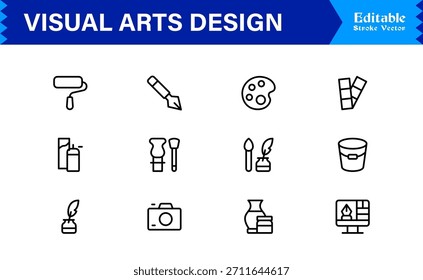 Professionelle Visual Arts Design Line Icon Pack mit modernen minimalistischen Vektorsymbolen für kreative Industrie und künstlerische digitale Projekte mit einzigartigen klaren Umrissen