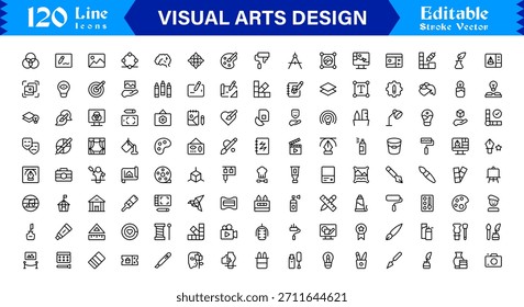 Professionelle Visual Arts Design Line Icon Pack mit modernen minimalistischen Vektorsymbolen für kreative Industrie und künstlerische digitale Projekte mit einzigartigen klaren Umrissen