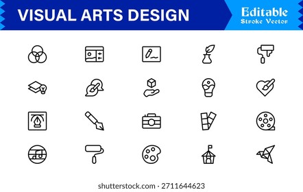 Professionelle Visual Arts Design Line Icon Pack mit modernen minimalistischen Vektorsymbolen für kreative Industrie und künstlerische digitale Projekte mit einzigartigen klaren Umrissen