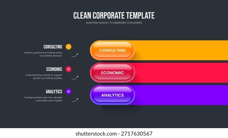 Diseño de diapositivas de infografía de tres pasos de visualización de Profesional. Ilustración vectorial de diseño de presentación de diapositivas de Plan digital. Plantilla de presentación de diagrama de opciones 3.