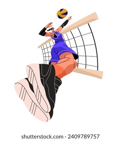 Professional volleyball player attacks over net. Athlete jumps, swings to hit ball. Sportswoman in uniform plays team sport game. Dynamic motion. Flat isolated vector illustration on white background