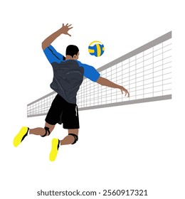 Professional volleyball player attacks over net. Athlete jumps, swings to hit ball. Sportsman in uniform plays team sport game. Dynamic motion. Flat isolated vector illustration on white background