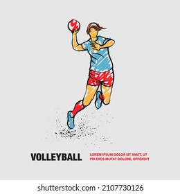 Professional volleyball player jumps and hits the ball. Vector outline of volleyball sport with scribble doodles style drawing.