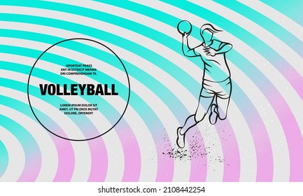 Professional volleyball player jumps and hits the ball. Vector outline of volleyball sport illustration.