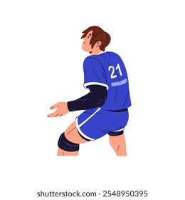 Professional volleyball player prepares to catch ball back view. Sportsman in blue uniform plays sport game. Athlete is in match, competition. Flat isolated vector illustration on white background.