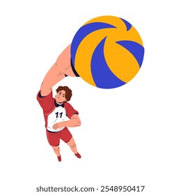 Jogador de vôlei profissional alcança as mãos para a bola de vôlei durante a vista superior da competição. Esportista de uniforme vermelho joga em jogo de esportes, jogo. Ilustração de vetor isolado plano sobre fundo branco.