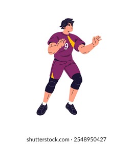 Professional volleyball player reaches hands to catch ball. Sportsman in sport uniform plays in competition. Athlete is in football, soccer match. Flat isolated vector illustration on white background