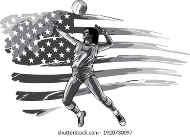 Professional volleyball players in action on the court. Abstract volleyball player