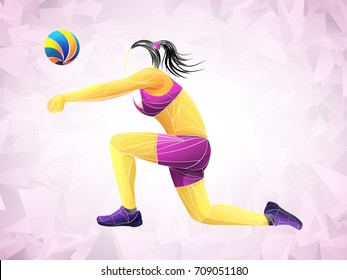 Professional volleyball players in action on the court. Abstract volleyball player, pink vector