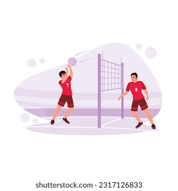 Professionelle Volleyballspieler spielen ernsthaft, werfen den Ball, greifen und Punkte Punkte. Trend Moderne Vektorgrafik.