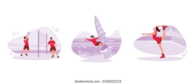 Professional volleyball players. Surfing athletes in action on the sea. The female skater plays beautifully. Trend Modern vector flat illustration.
