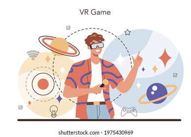 Professional vr gamer concept. Person playing virtual reality video game. E-sports team, virtual championship. Vector illustration in cartoon style