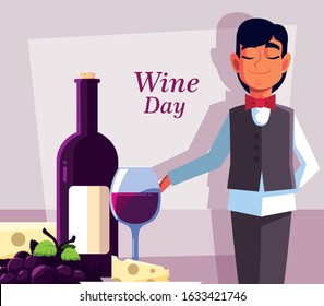professional waiter with bottle of wine vector illustration design