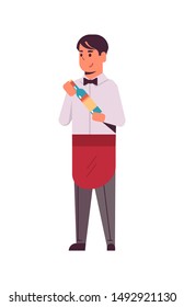 professional waiter holding bottle of wine man restaurant worker in red apron offering alcohol drink flat full length white background vertical vector illustration