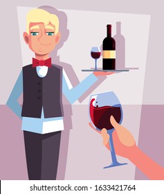professional waiter holding bottle of wine vector illustration design