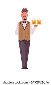 professional waiter holding serving tray with two glasses of beer man restaurant worker in uniform carrying alcohol drinks flat full length white background vertical