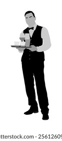 Professional waiter holding tray with order drinks for guests vector. Servant in restaurant taking orders. Worker in pub serve food and drinks for clients. Barman welcomes guest. Beach summer cocktail