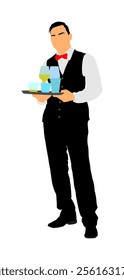 Professional waiter holding tray with order drinks for guests vector. Servant in restaurant taking orders. Worker in pub serve food and drinks for clients. Barman welcomes guest. Beach summer cocktail