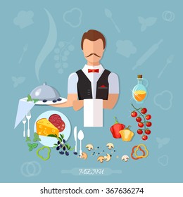 Professional waiter restaurant menu vector illustration 