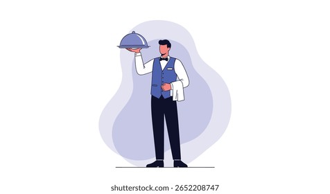 A Professional Waiter Stands Proudly Ready to Serve Delicious Food in a Fancy Restaurant Environment