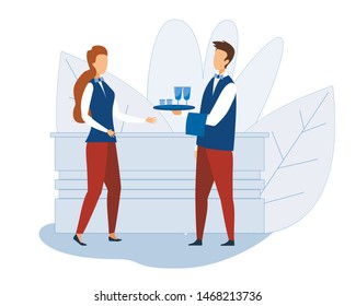 Professional Waiter and Waitress in Uniform at Work. Man Holding Tray with Glassware. Cartoon Restaurant Staff Characters. Bar Counter and Plant Foliage Leaves on Flat Backdrop. Vector Illustration
