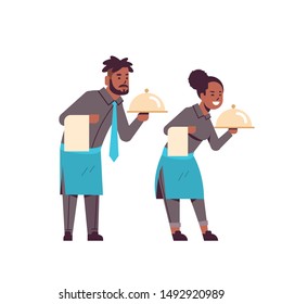 Professional Waiters Couple Holding Dish African American Man Woman Restaurant Workers In Uniform With Tray And Towel Food Serving Concept Flat Full Length White Background