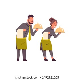 Professional Waiters Couple Holding Dish Man Woman Restaurant Workers In Uniform With Tray And Towel Food Serving Concept Flat Full Length White Background