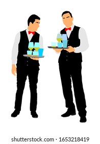 Professional waiters holding tray with order drinks for guests vector. Servant in restaurant taking orders. Worker in pub serve food and drinks for client. Barman welcomes guest Cocktails and beverage