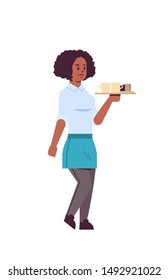 professional waitress holding coffee and cake on tray african american woman restaurant worker in apron serving food concept flat full length white background vertical