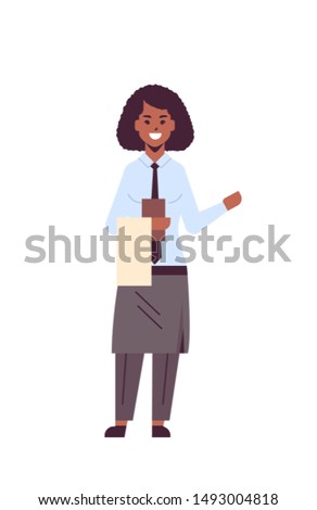 professional waitress holding menu african american woman restaurant worker in apron showing hospitality flat full length white background vertical