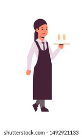 professional waitress holding serving tray with two glasses of champagne woman restaurant worker in uniform carrying alcohol drinks flat full length white background vertical