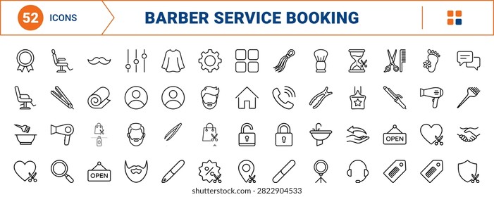 Professional walk ins welcome line icon set for beauty salon, barber shop, and appointment platforms. Clean thin linear illustration covering services, booking, interface, and trust icons.