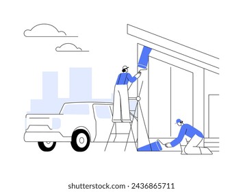 Professional wall painting abstract concept vector illustration. Group of professional builders painting walls of new private house, residential construction, exterior works abstract metaphor.