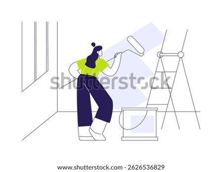 Professional wall painting abstract concept vector illustration. Professional contractor with roller painting a wall, building process, interior works, ceiling improvement abstract metaphor.