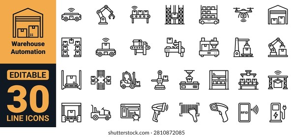 Professional warehouse automation icons set featuring AGV, AMR, robotics, conveyor systems, ASRS, RFID, barcode scanning, and fulfillment technology. Ideal for UI, UX, web, mobile app, presentation, print, branding, infographic, and dashboard design.