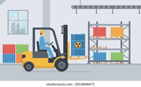 Professional warehouse worker operating a forklift to carefully move a dangerous blue barrel with radiation symbol.