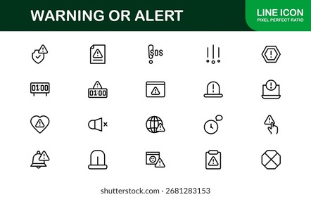 Conjunto de iconos de línea de advertencia de Profesional: símbolos de alerta modernos en un estilo de contorno mínimo, esencial para los Diseños de seguridad y notificación