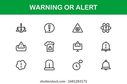 Professional Warning Line Icon Set – Modern Alert Symbols in Minimal Outline Style, Essential for Safety and Notification Designs