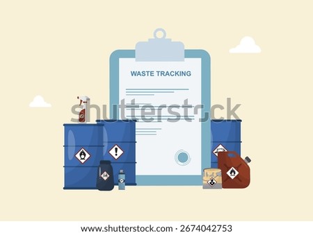 Professional waste tracking clipboard with hazardous chemical containers. Protocols for industrial waste disposal. Waste tracking form. Management Efficiency. Waste Manifest. Vector illustration