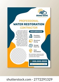 professional Water Damage Restoration contractor Flyer template design on vertical layout. circle shape for photo shape. abstract liquid element using blue and orange colors. 