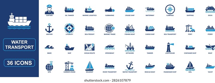 Professional water transport solid icon set featuring maritime shipping, cargo vessels, boats, ferries, cruise travel, sea freight, marine logistics, navigation, ports, harbor cranes, tankers, submarines, lifeboats, waterways, and passenger transport. Ideal for websites, apps, logistics, travel, and business projects.