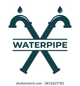 Professional waterpipe logo icon featuring two crossed industrial plumbing pipes with water drops, perfect for plumbing services, water supply, or utility branding.