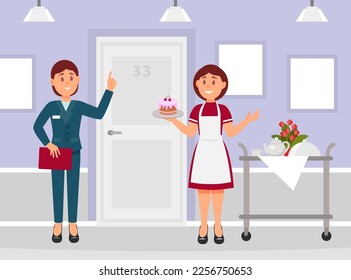 Professional watress and manager standing in hotel hall, establishment services staff. Hotel room service workers in uniform cartoon vector