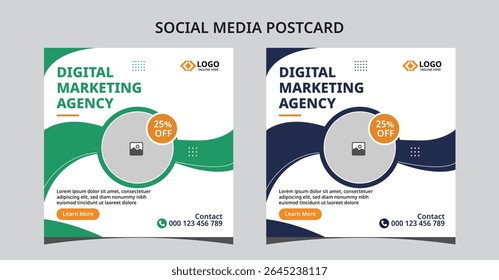 Professional wave-themed postcard template featuring green and navy styles. Great for digital marketing promotions, social media ads, and agency branding. Fully Layered