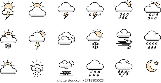 Professional weather forecast graphics pack with thin line outlines and soft color palette for digital climate reporting.eps
