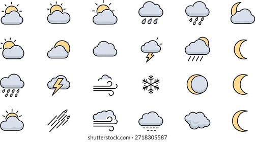Paquete de gráficos de pronóstico de Clima de Profesional que incluye nubes de amanecer, rayos y Elementos atmosféricos estacionales para dashboards digitales.eps
