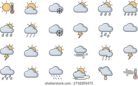 Conjunto de iconos de pronóstico de Clima de Profesional para App móviles con nubes solares, tormentas de nieve y símbolos de medición de temperatura.eps
